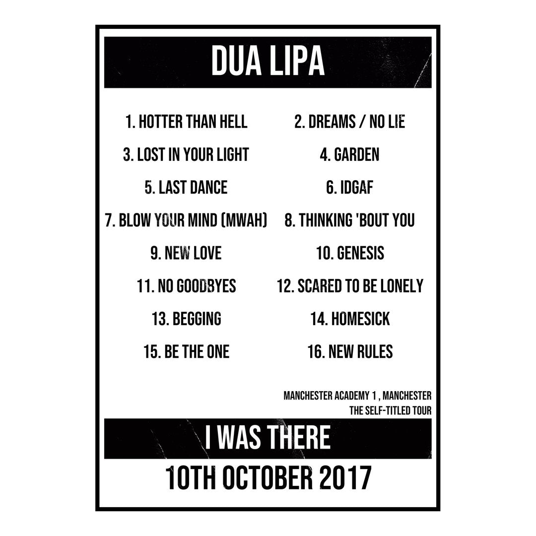 Dua Lipa Manchester 10th October 2017 Setlist poster
