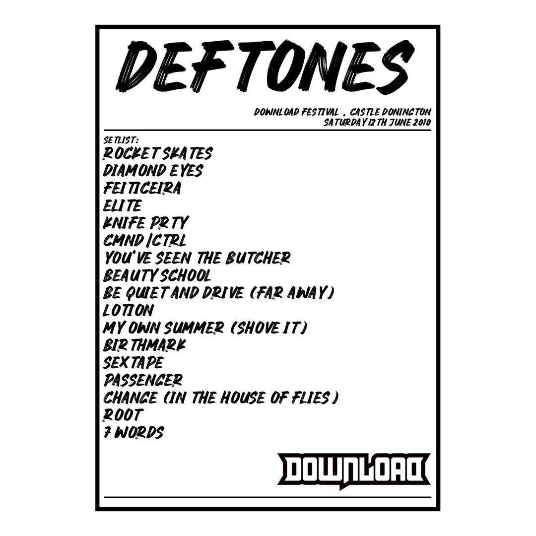 Deftones Castle Donington 12th June 2010 Setlist poster