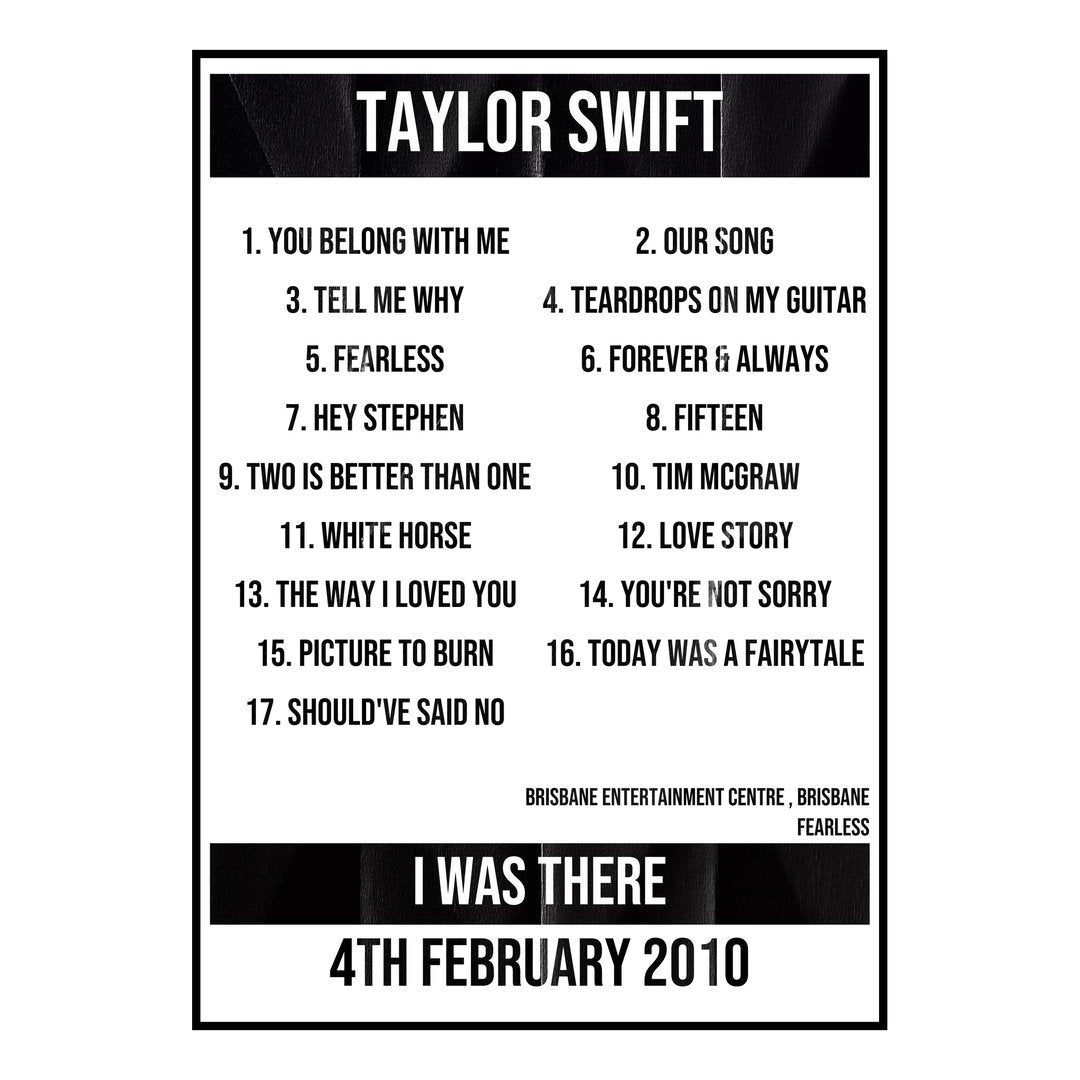 Taylor Swift Brisbane 4th February 2010 Setlist poster
