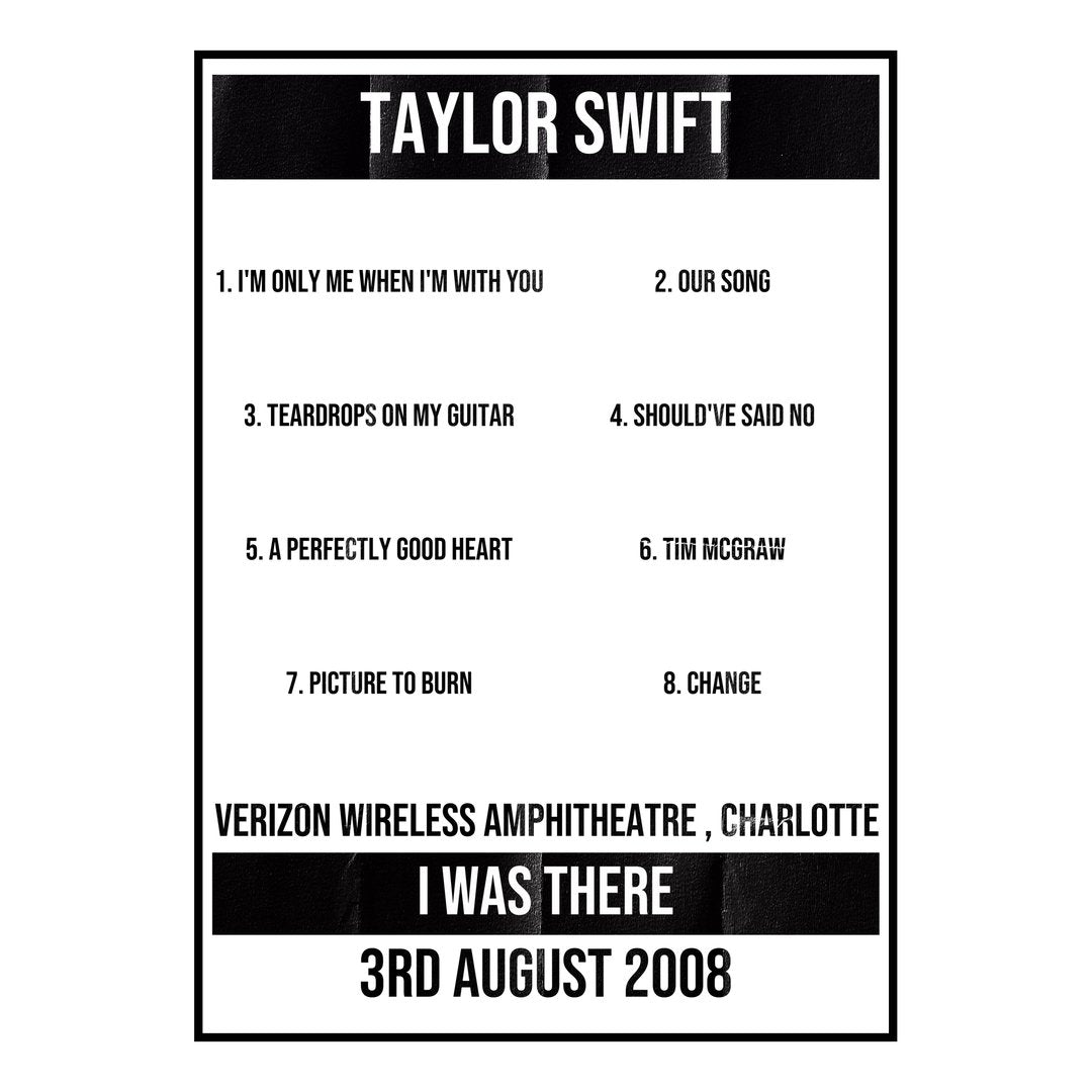 Taylor Swift Charlotte 3rd August 2008 Setlist poster
