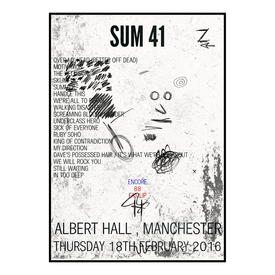 Sum 41 Manchester 18th February 2016 Setlist poster