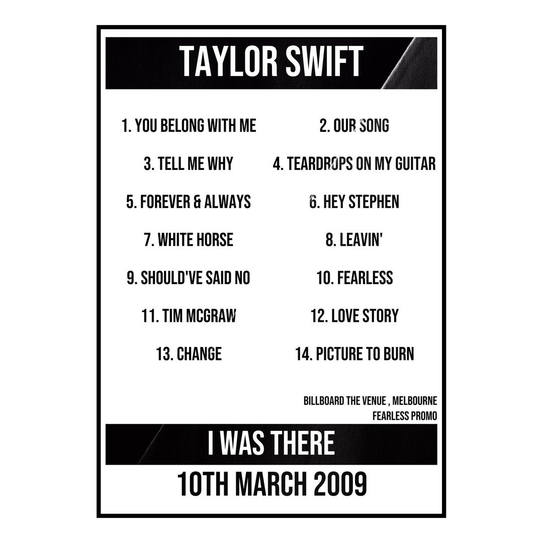 Taylor Swift Melbourne 10th March 2009 Setlist poster
