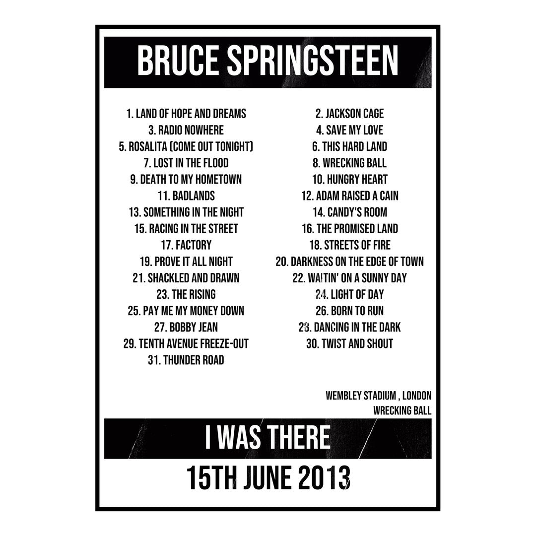 Bruce Springsteen London 15th June 2013 Setlist poster