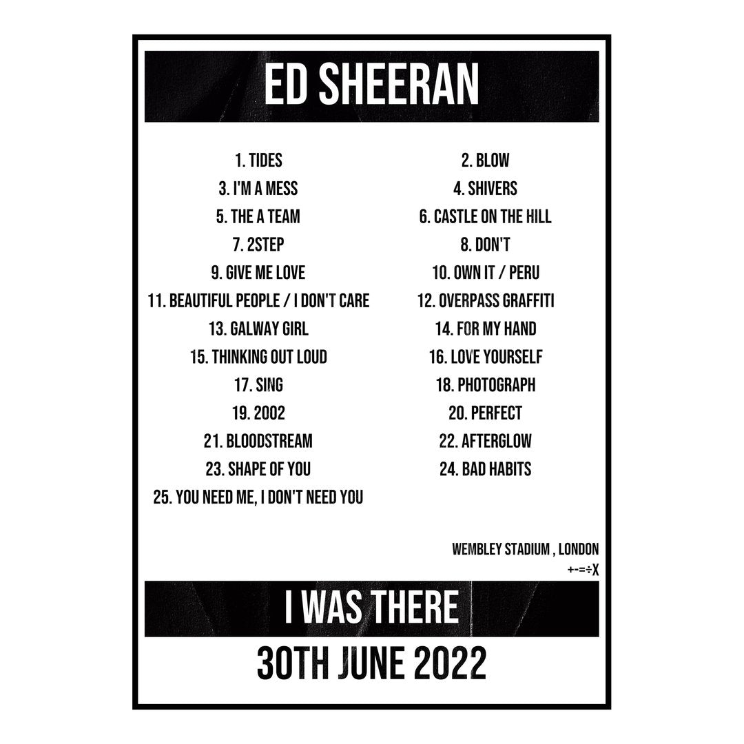 Ed Sheeran London 30th June 2022 Setlist poster