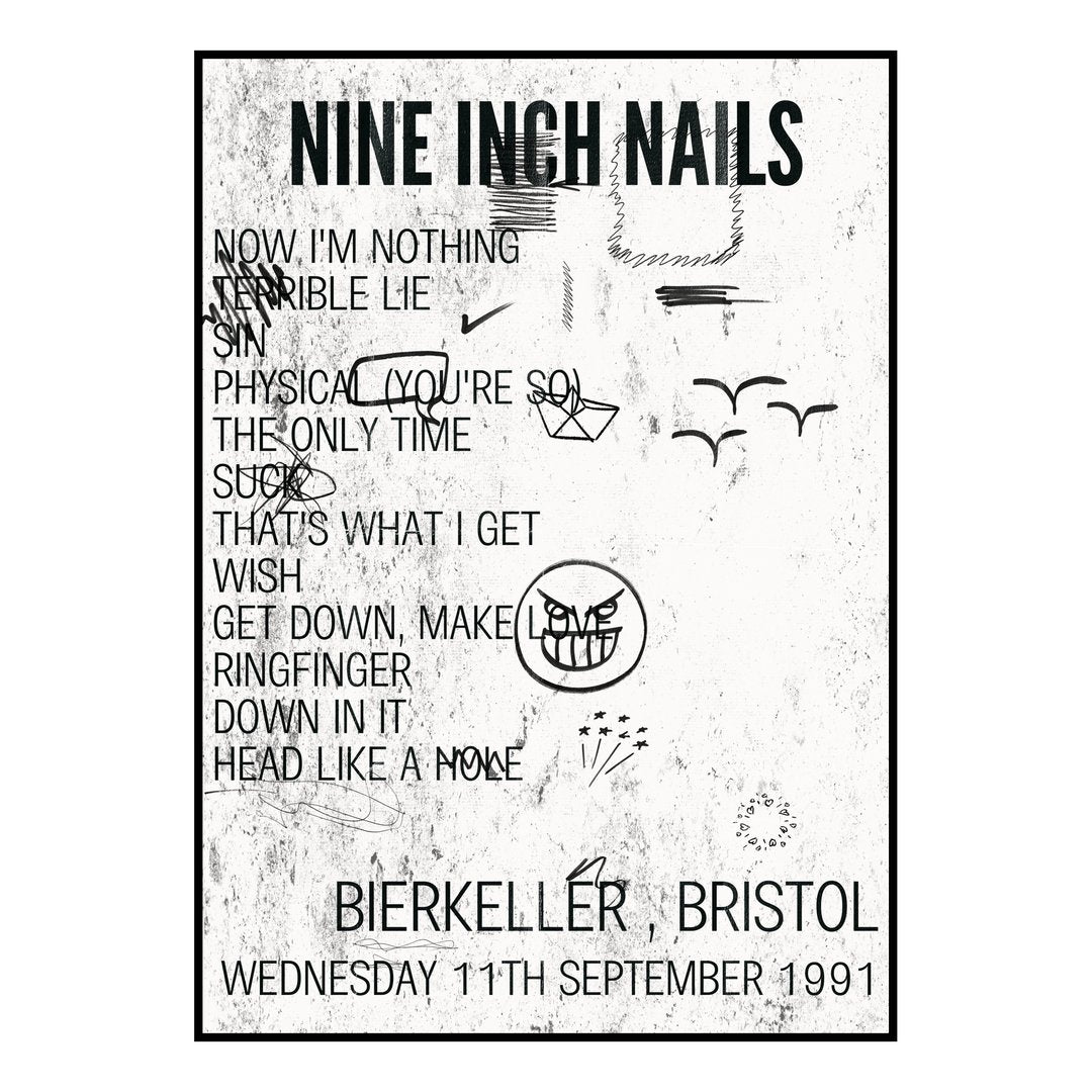 Nine Inch Nails Bristol 11th September 1991 Setlist poster