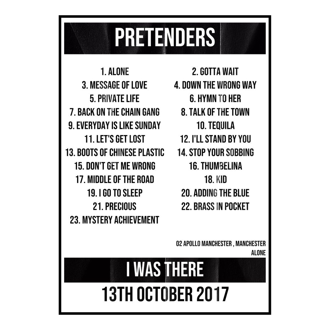 Pretenders Manchester 13th October 2017 Setlist poster