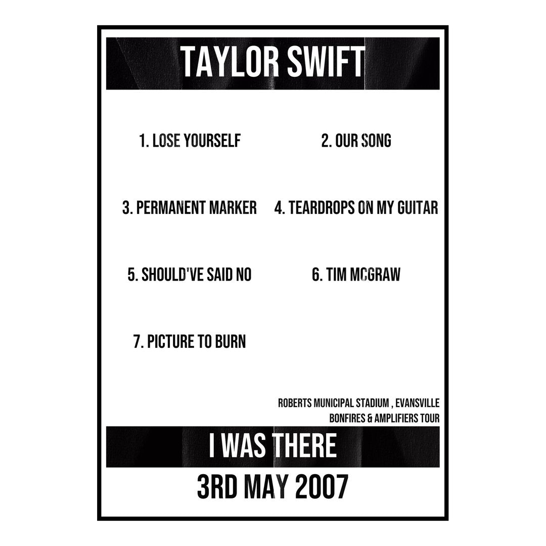 Taylor Swift Evansville 3rd May 2007 Setlist poster
