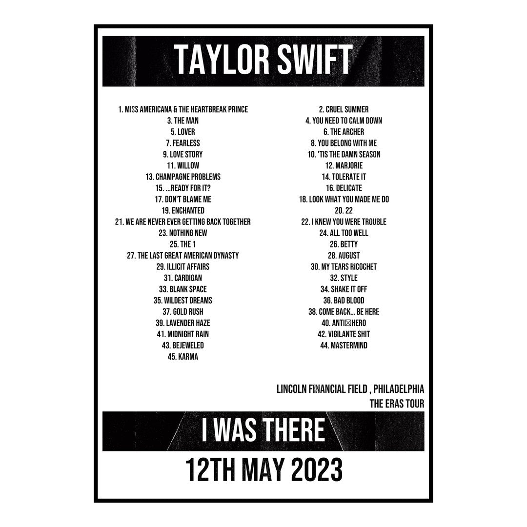Taylor Swift Philadelphia 12th May 2023 Setlist poster
