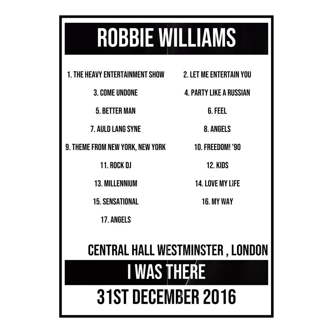 Robbie Williams London 31st December 2016 Setlist poster