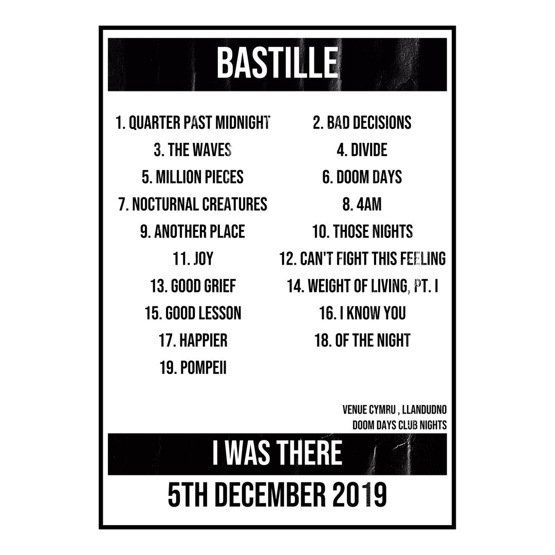 Bastille Llandudno 5th December 2019 Setlist poster