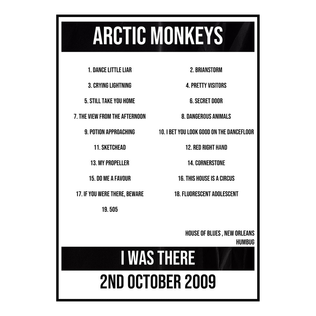 Arctic Monkeys New Orleans 2nd October 2009 Setlist poster