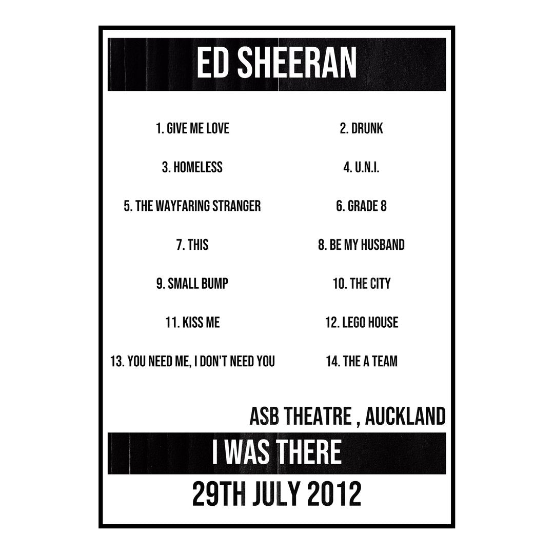 Ed Sheeran Auckland 29th July 2012 Setlist poster