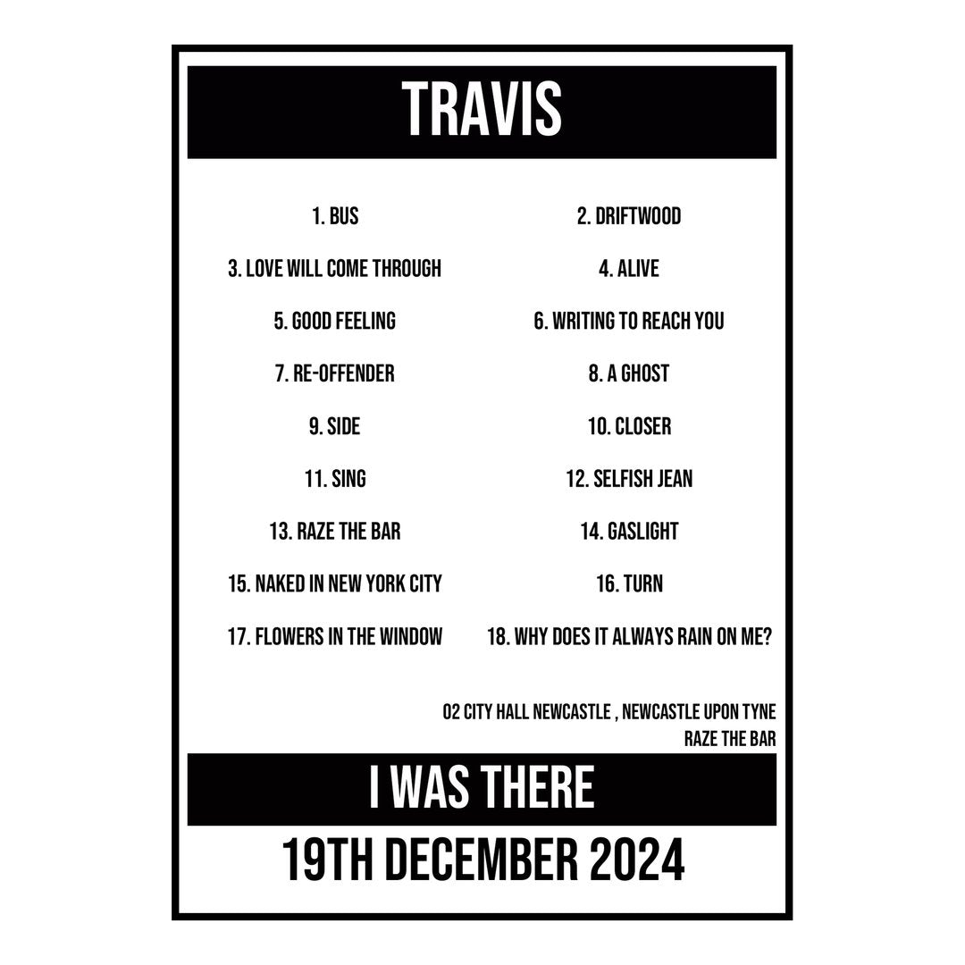 A Setlist Poster Featuring Travis Gig from Newcastle upon Tyne in 2024