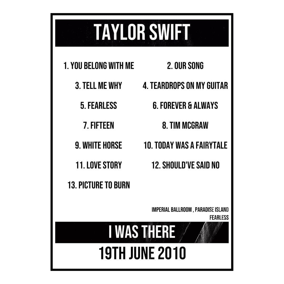 Taylor Swift Paradise Island 19th June 2010 Setlist poster