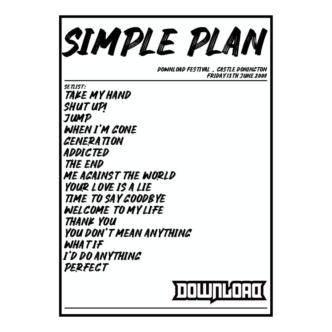 Simple Plan Castle Donington 13th June 2008 Setlist poster