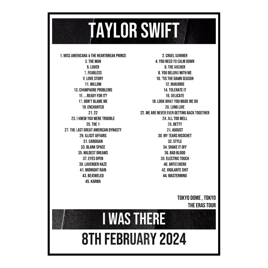 Taylor Swift Tokyo 8th February 2024 Setlist poster