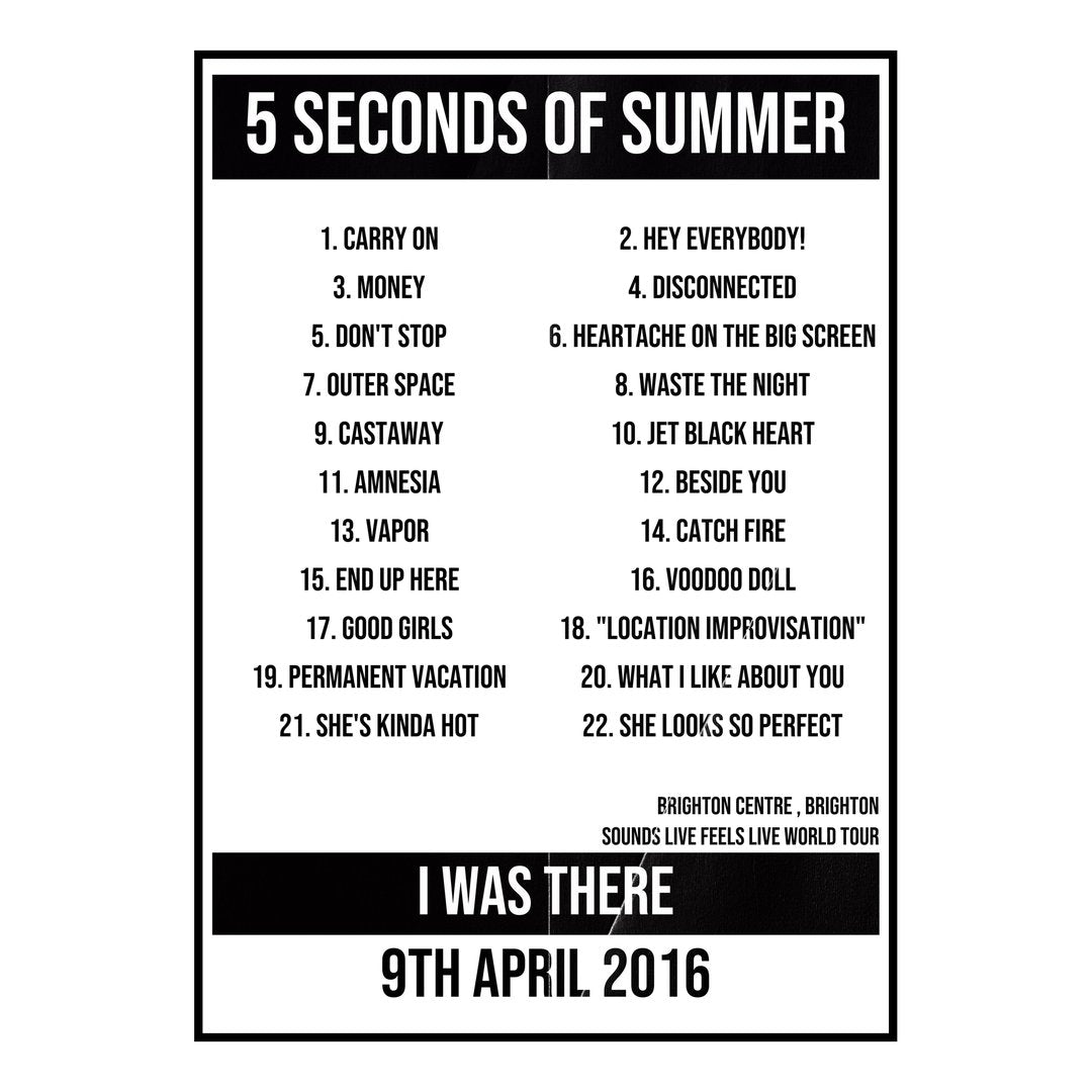 5 Seconds of Summer Brighton 9th April 2016 Setlist poster