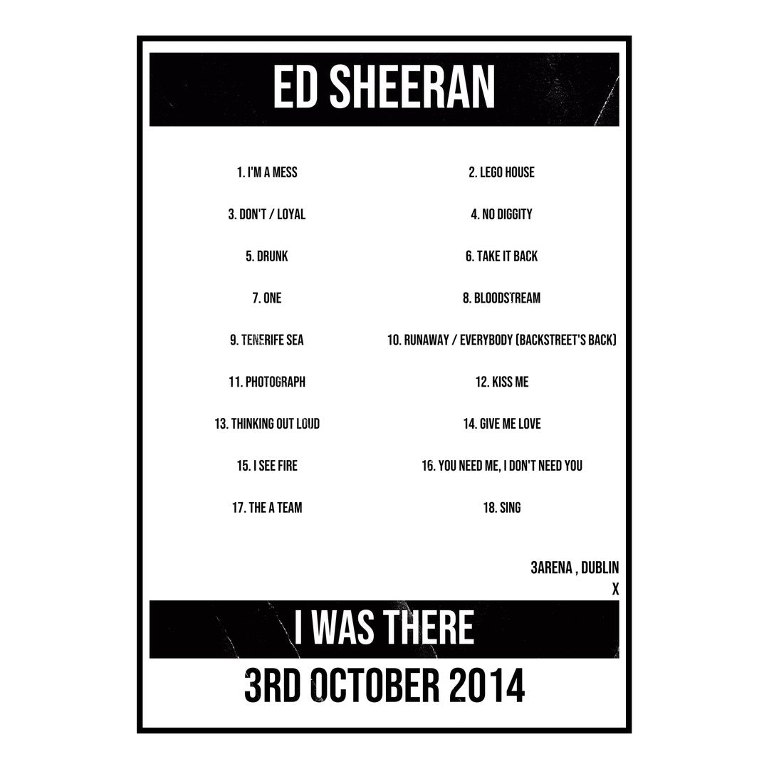 Ed Sheeran Dublin 3rd October 2014 Setlist poster