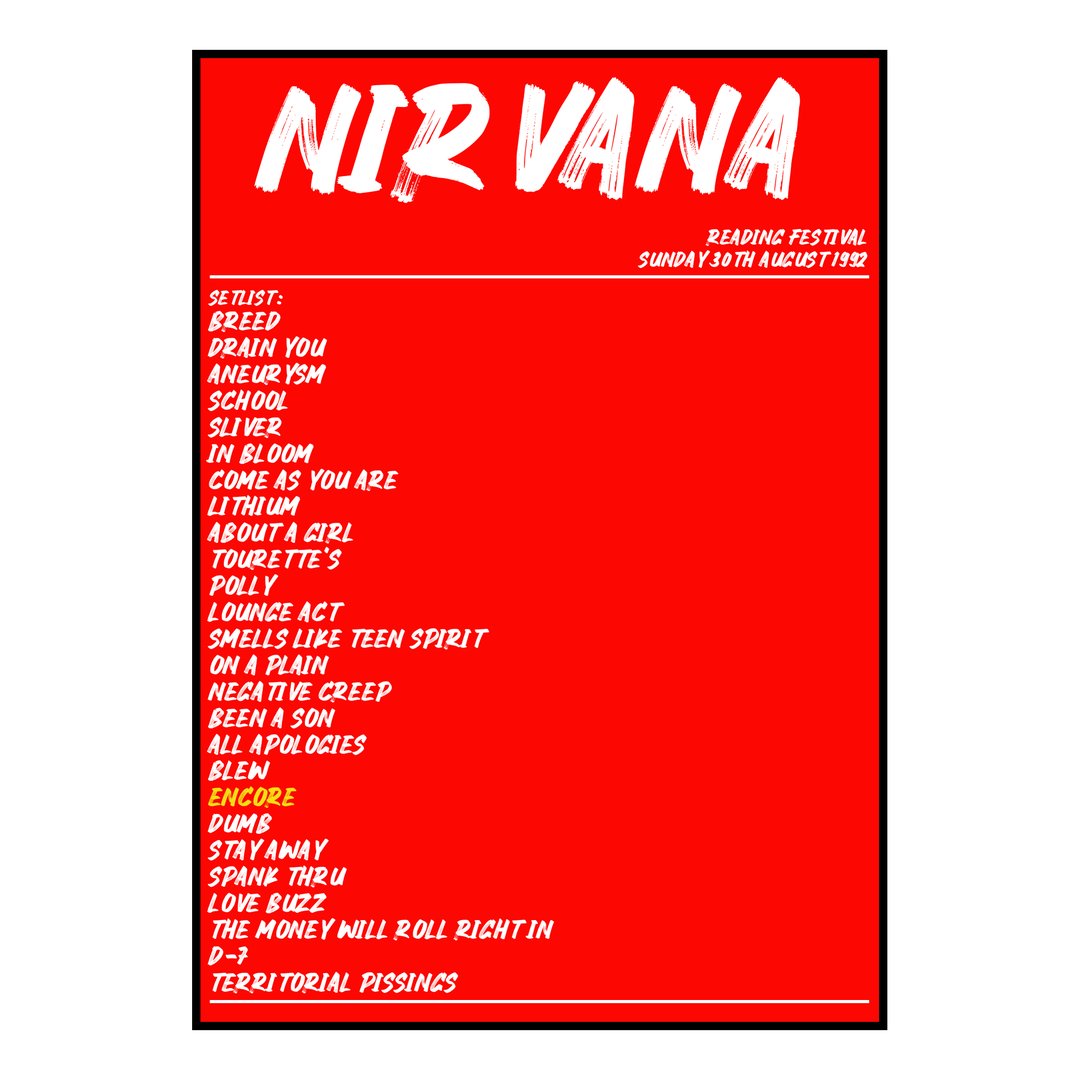 Nirvana Reading 30th August 1992 Setlist poster