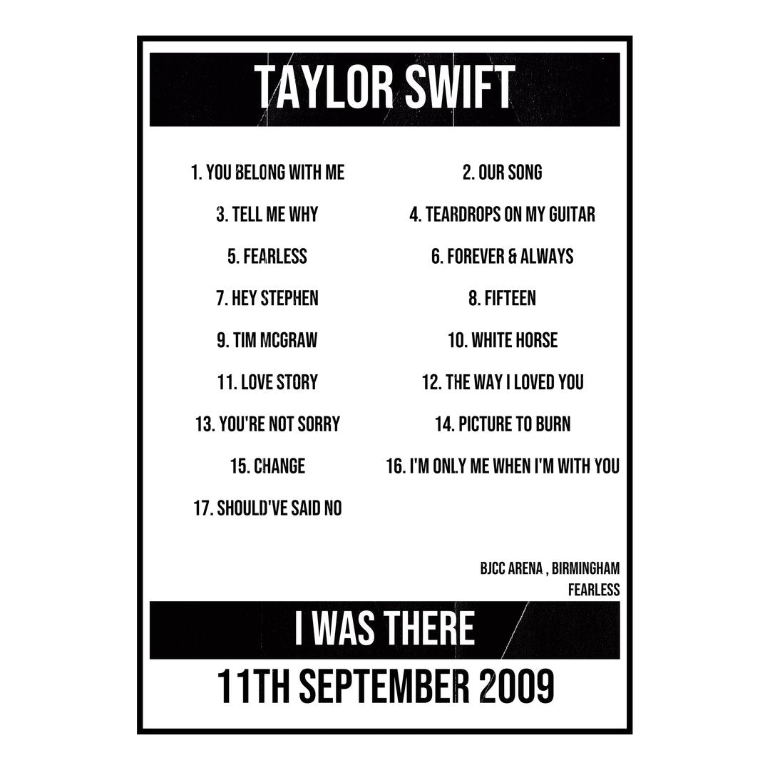 Taylor Swift Birmingham 11th September 2009 Setlist poster