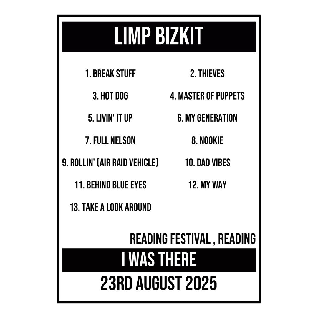 A Setlist Poster Featuring Limp Bizkit Gig from Reading in 2025