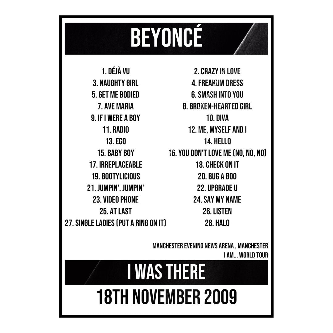 Beyoncé Manchester 18th November 2009 Setlist poster