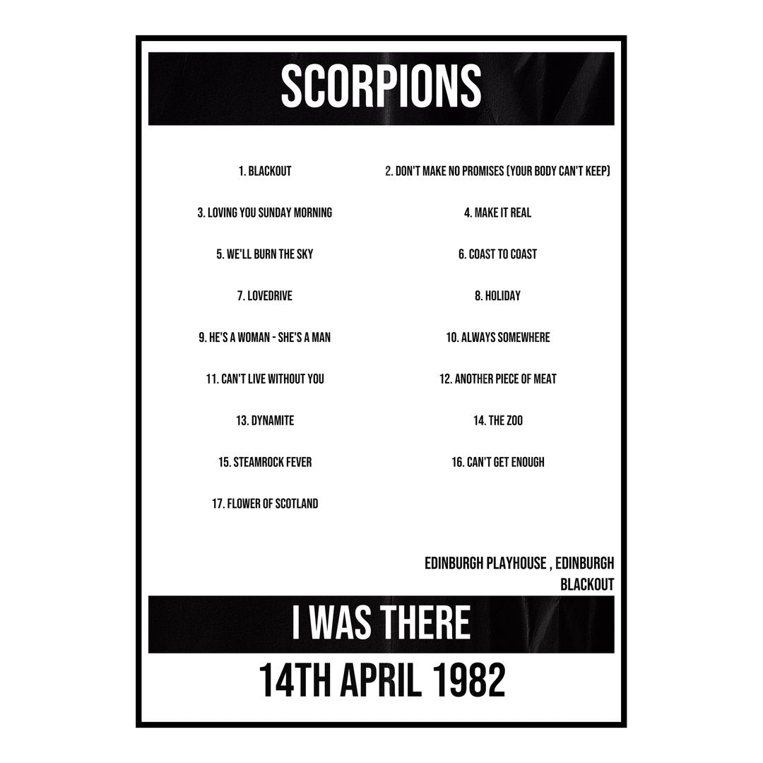 Scorpions Edinburgh 14th April 1982 Setlist poster