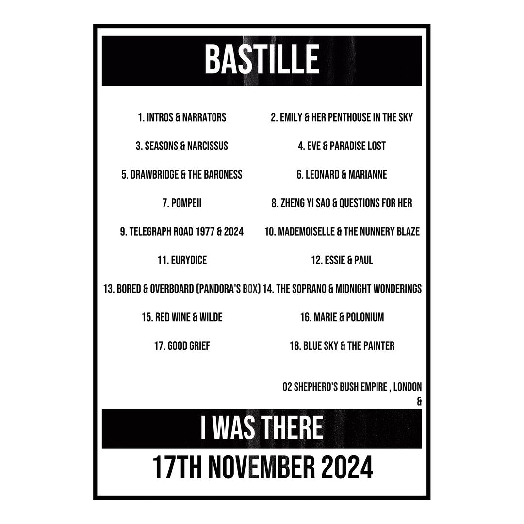 Bastille London 17th November 2024 Setlist poster