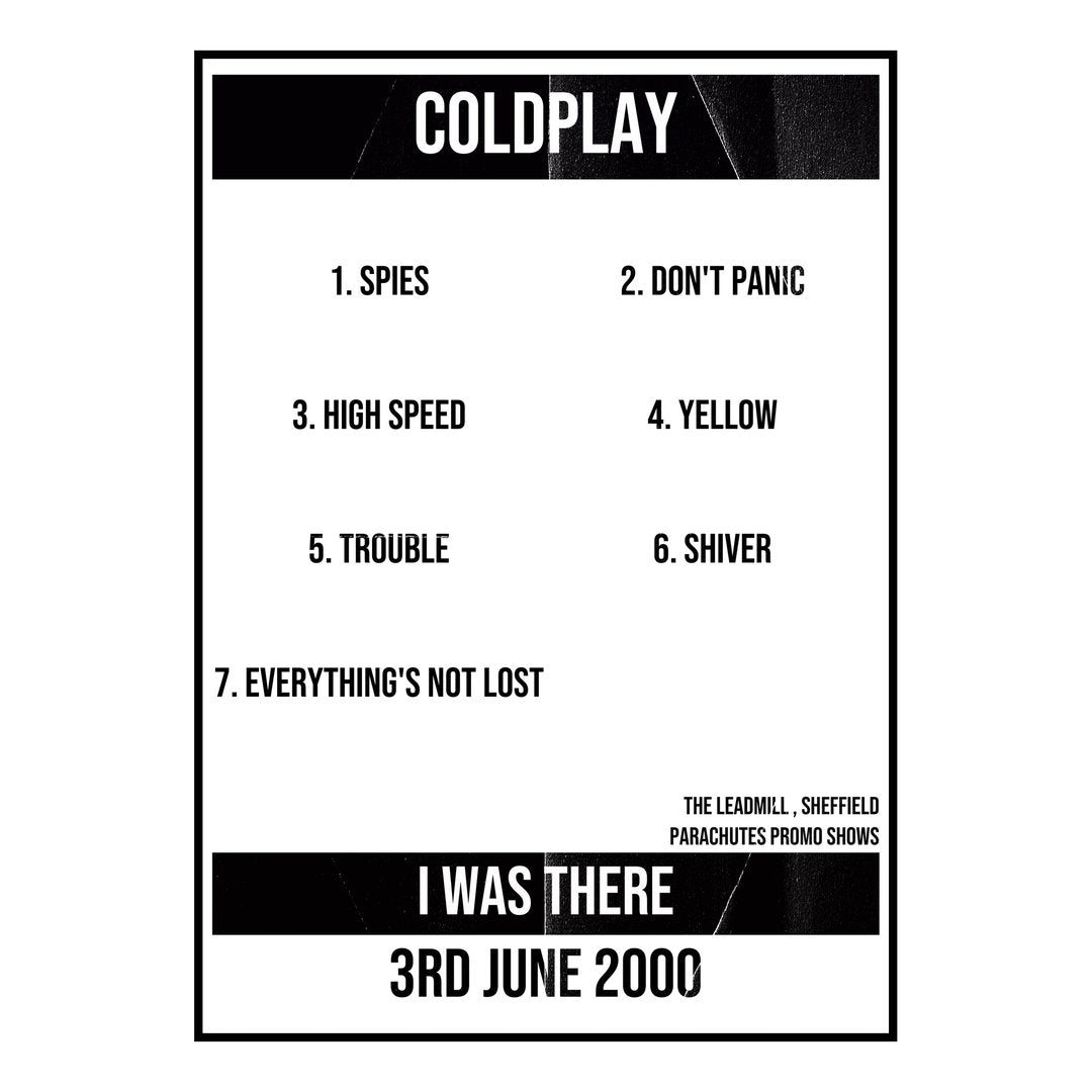 Coldplay Sheffield 3rd June 2000 Setlist poster