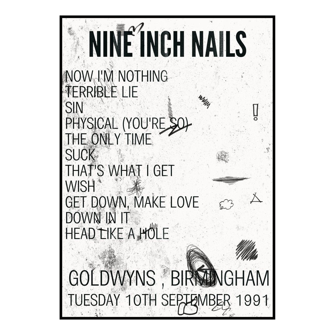 Nine Inch Nails Birmingham 10th September 1991 Setlist poster