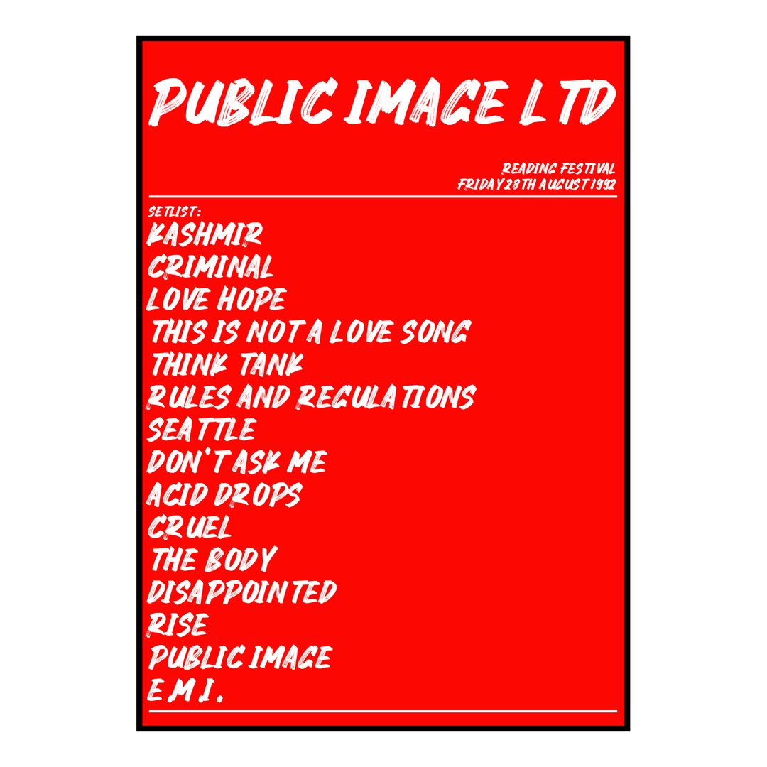 Public Image Ltd Reading 28th August 1992 Setlist poster