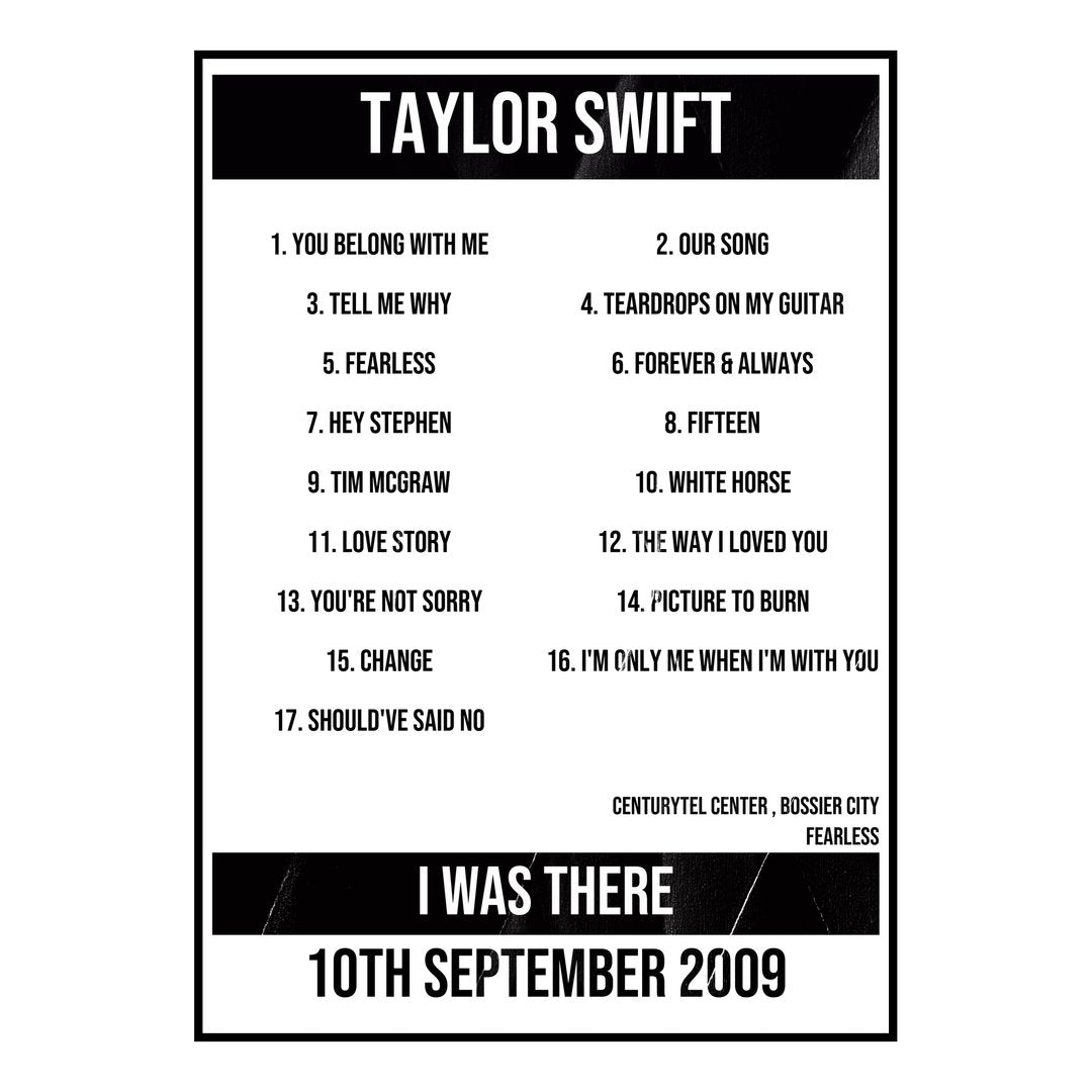 Taylor Swift Bossier City 10th September 2009 Setlist poster