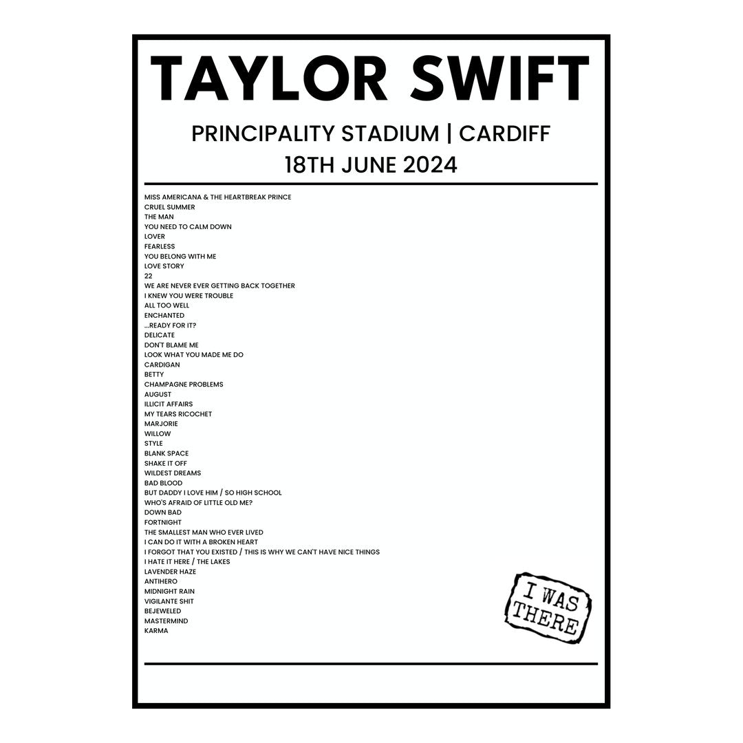 Taylor Swift Cardiff 18th June 2024 Setlist poster