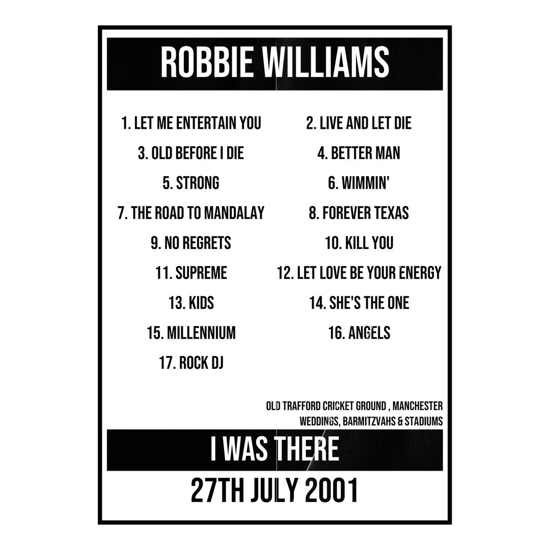 Robbie Williams Manchester 27th July 2001 Setlist poster