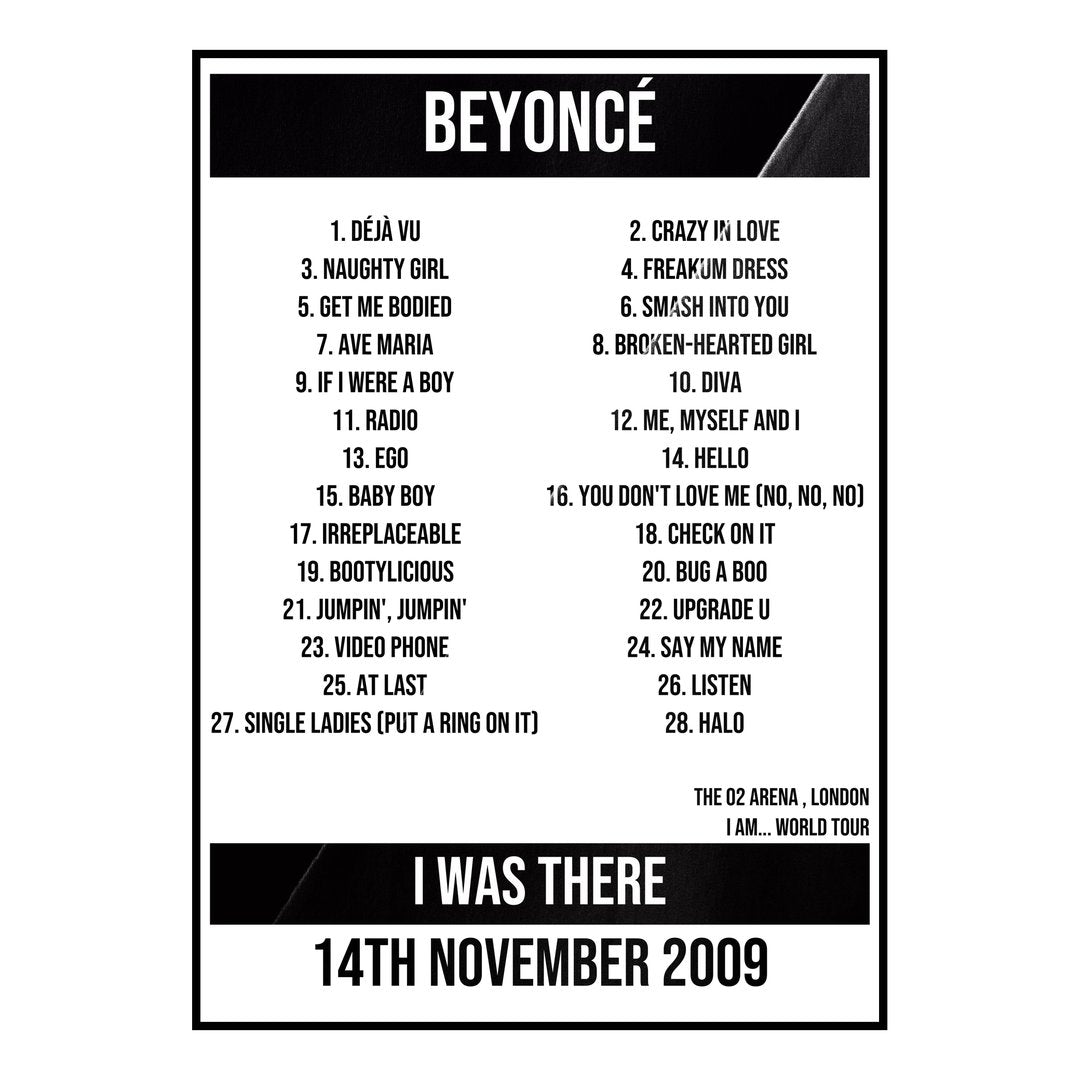 Beyoncé London 14th November 2009 Setlist poster