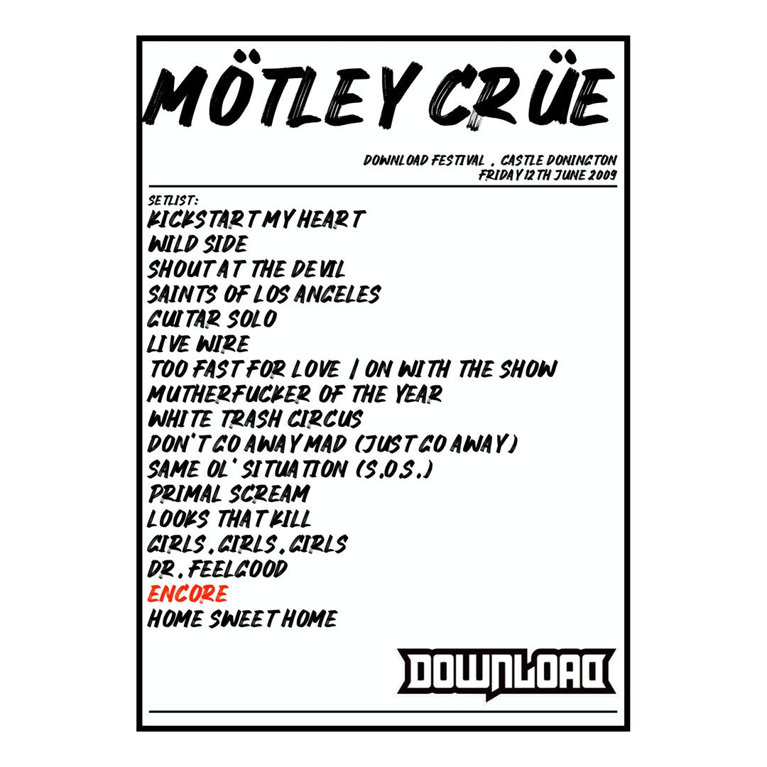 Mötley Crüe Castle Donington 12th June 2009 Setlist poster