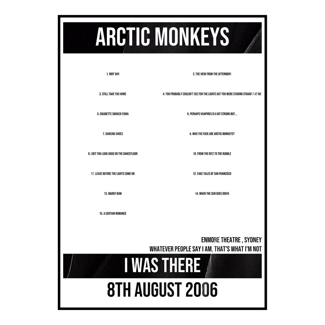 Arctic Monkeys Sydney 8th August 2006 Setlist poster