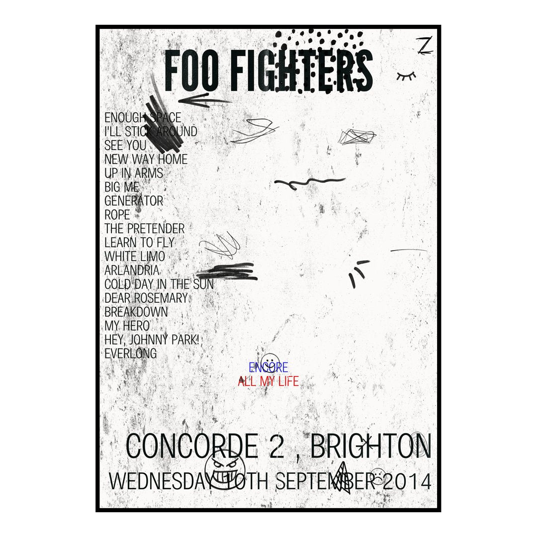 Foo Fighters Brighton 10th September 2014 Setlist poster