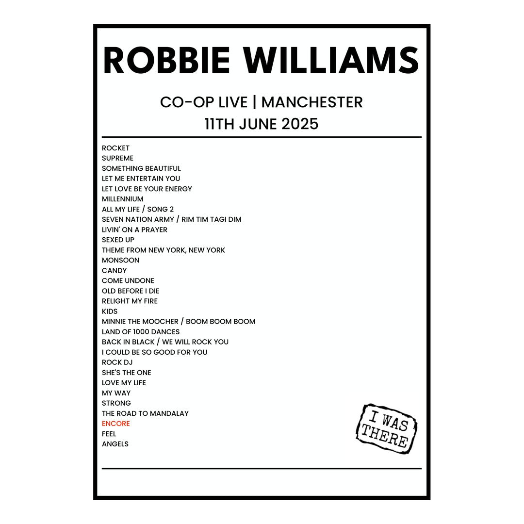 Robbie Williams Manchester 11th June 2025 Setlist poster