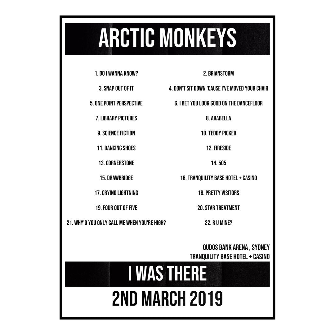 Arctic Monkeys Sydney 2nd March 2019 Setlist poster
