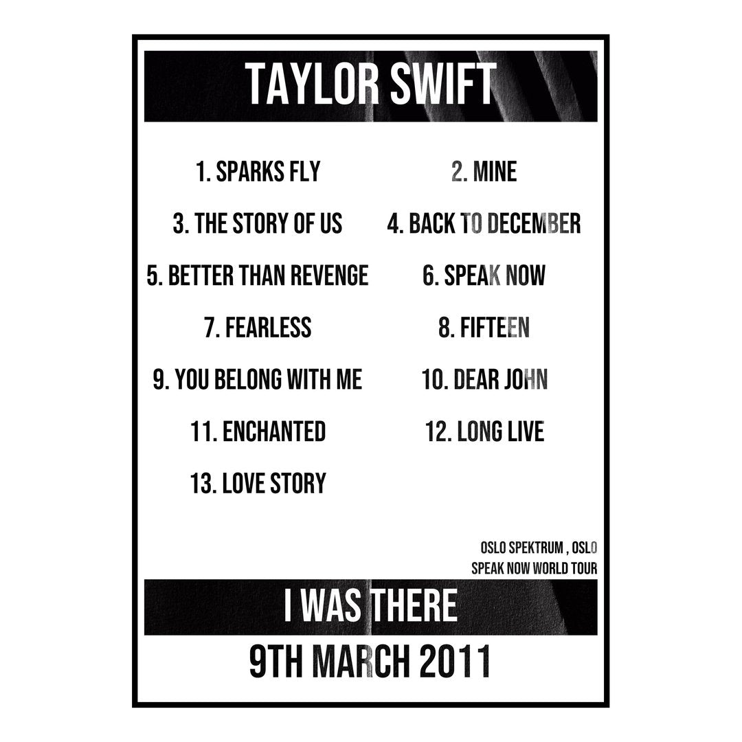 Taylor Swift Oslo 9th March 2011 Setlist poster