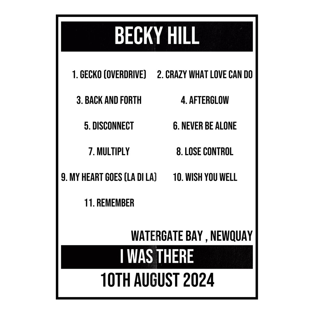 Becky Hill Newquay 10th August 2024 Setlist poster