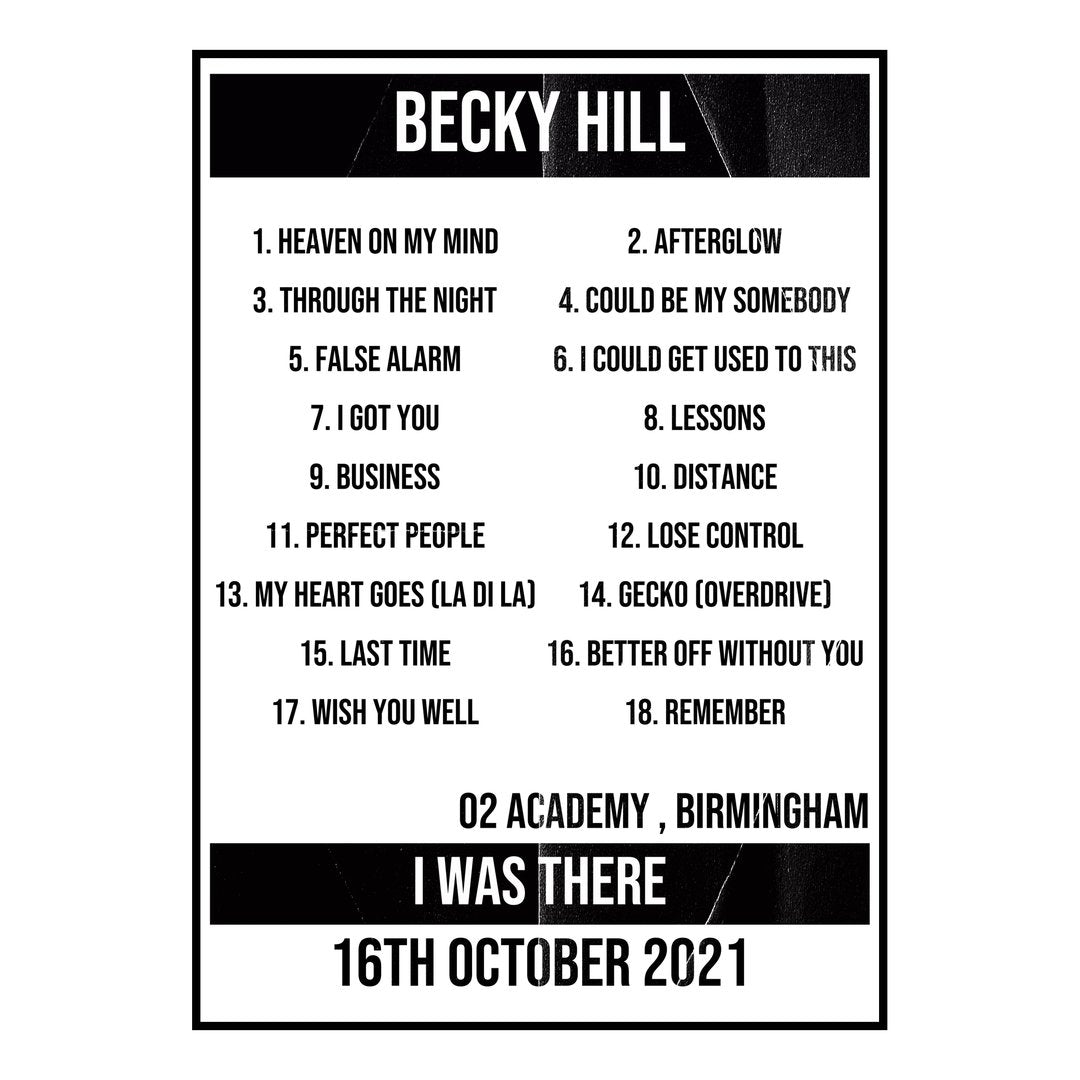 Becky Hill Birmingham 16th October 2021 Setlist poster