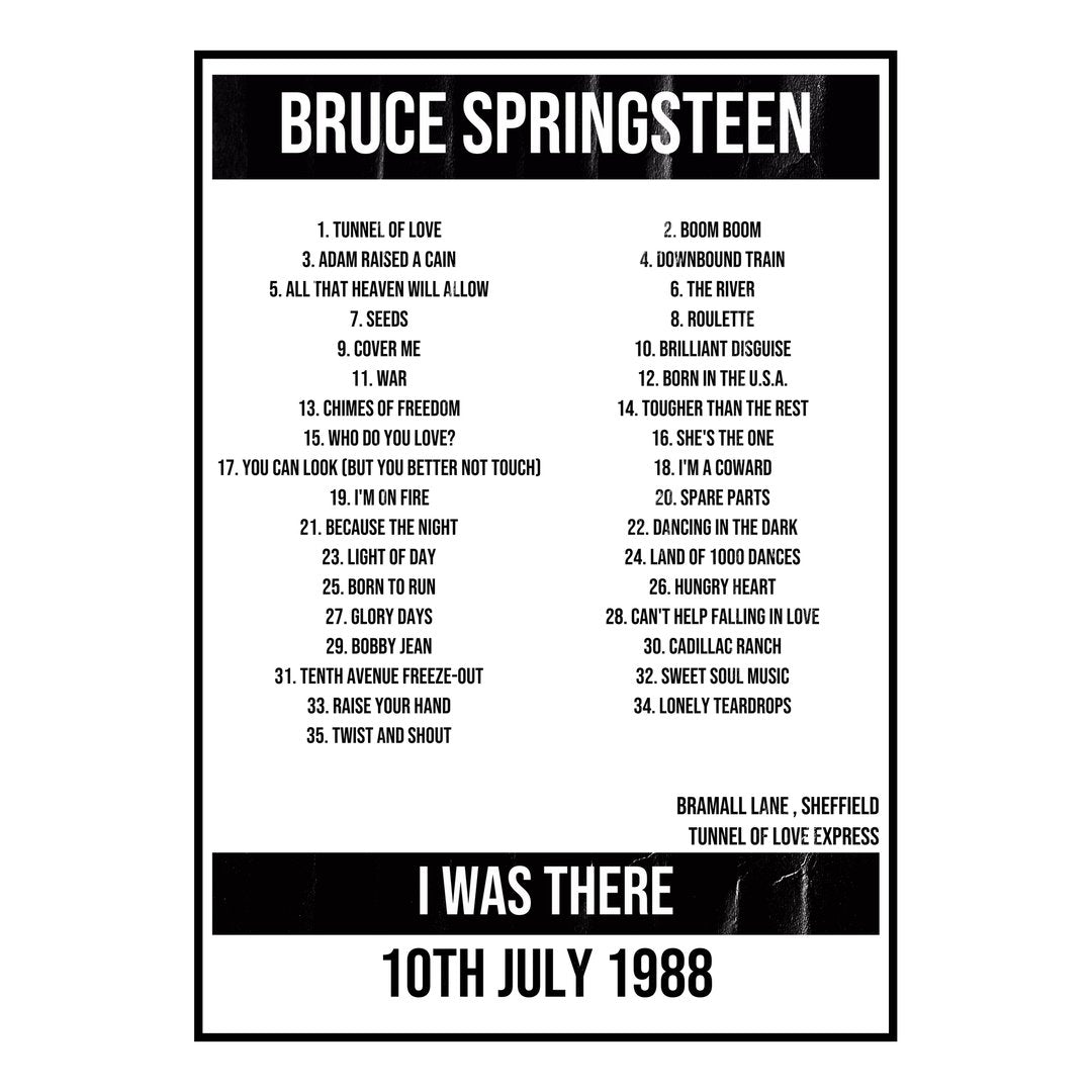 Bruce Springsteen Sheffield 10th July 1988 Setlist poster
