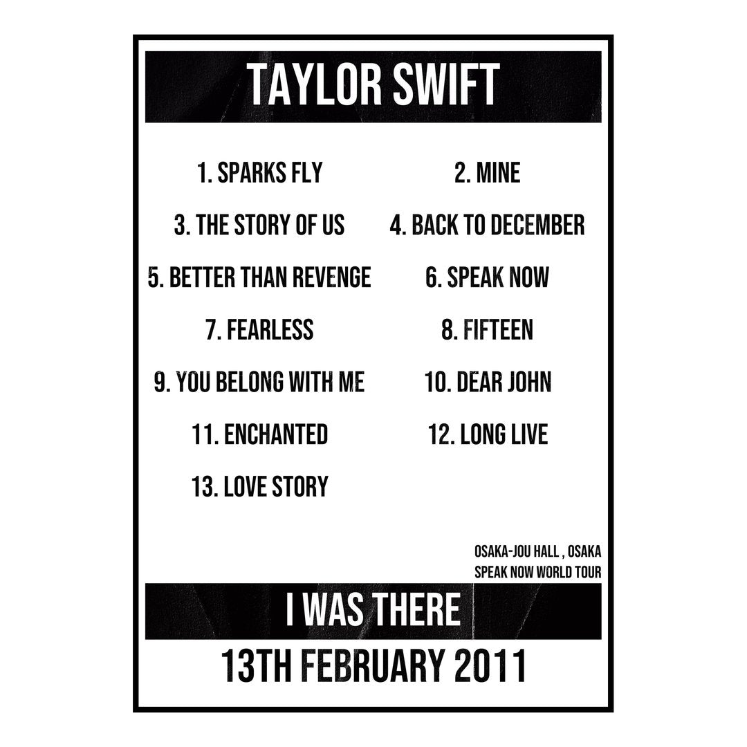 Taylor Swift Osaka 13th February 2011 Setlist poster