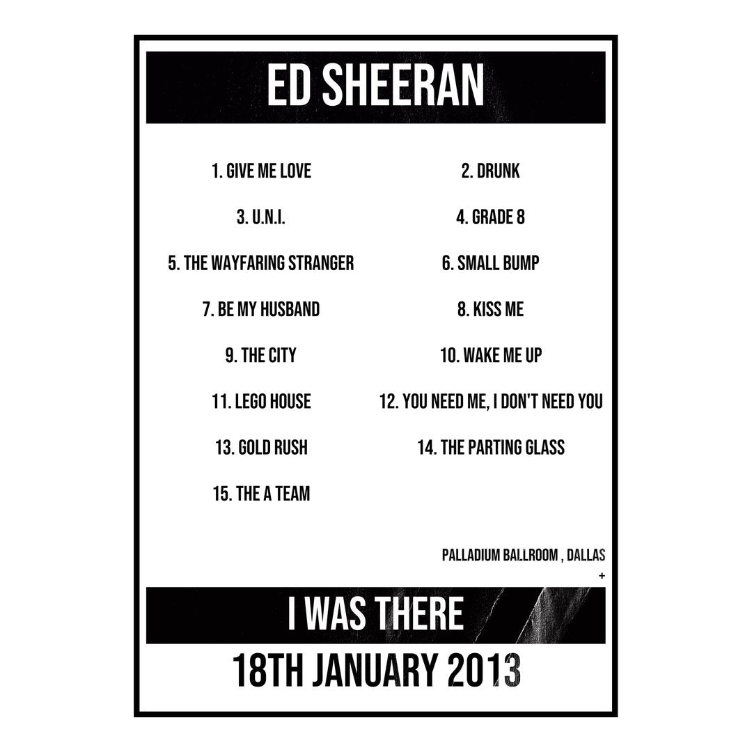 Ed Sheeran Dallas 18th January 2013 Setlist poster
