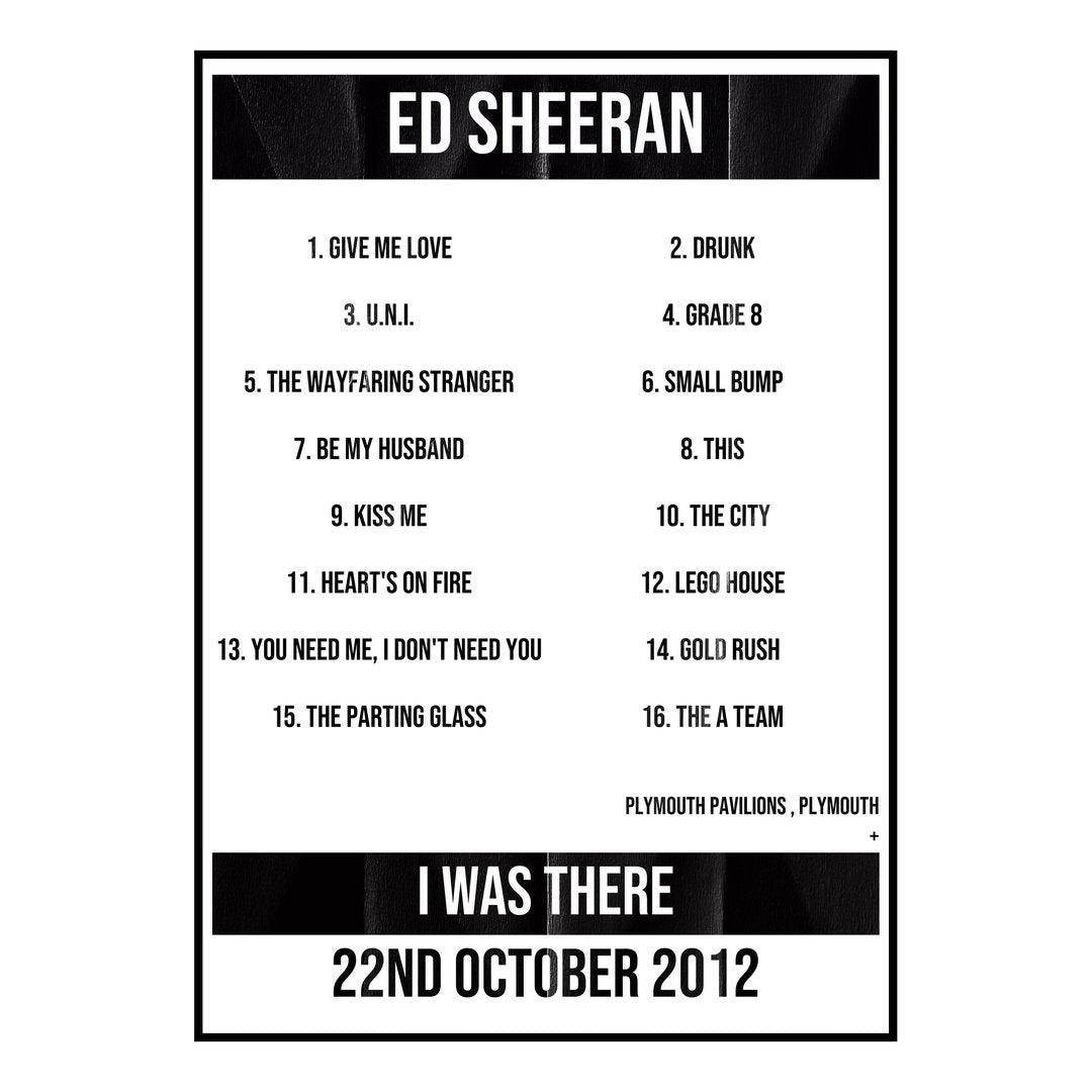 Ed Sheeran Plymouth 22nd October 2012 Setlist poster