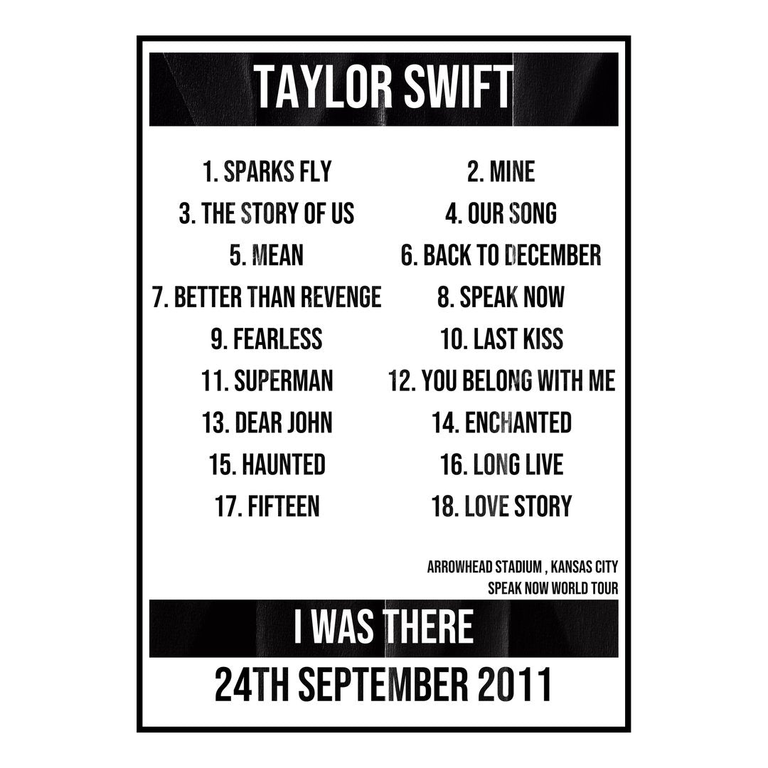Taylor Swift Kansas City 24th September 2011 Setlist poster