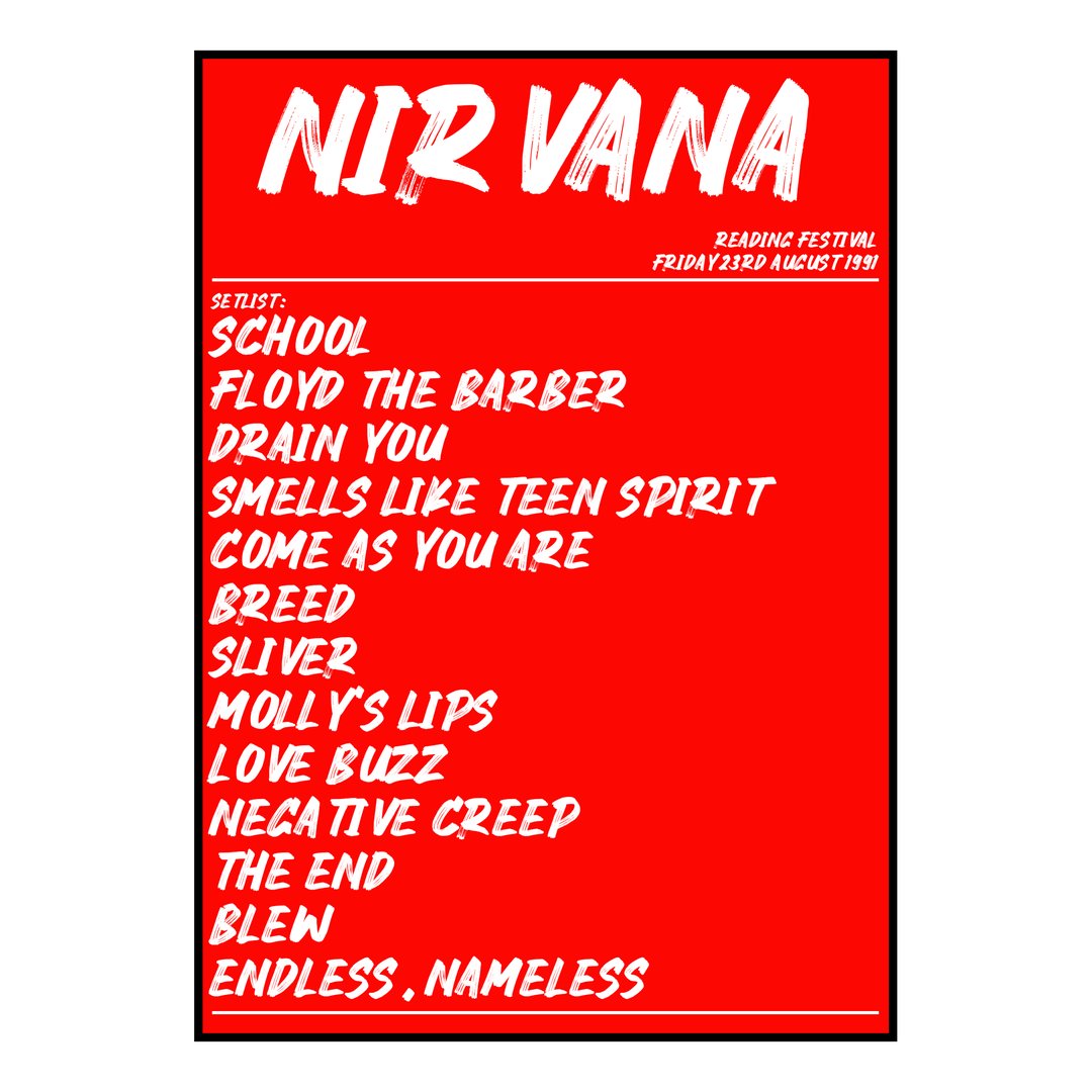 Nirvana Reading 23rd August 1991 Setlist poster