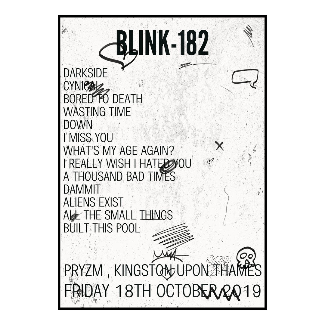 blink‐182 Kingston upon Thames 18th October 2019 Setlist poster